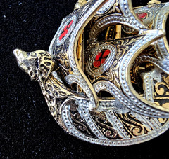 Vintage Damascene Spanish Galleon Ship Brooch Red Enamel Details Signed 1.5″