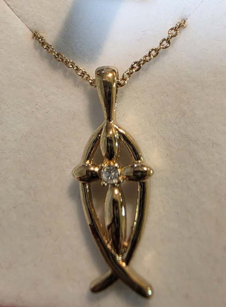 Vintage Avon Gold Tone Costume Rhinestone Cross Fish Pendant H175