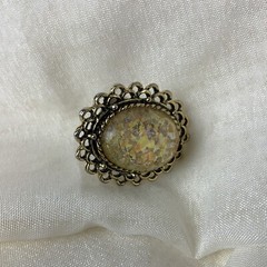 Vintage Brass Tone Chunky Lucite Glitter Crackle Ring One Size Fits All