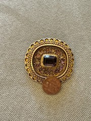 Vintage Israel 935 Silver Citrine Amethyst Cabochons Filigree Brooch Pin