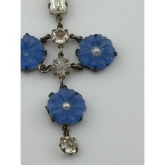 Antique Art Deco Rhinestone Flower Y Drop Necklace Silver Tone READ