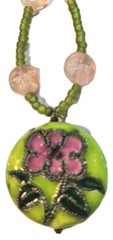 Vintage Cloisonne Flower Pendant Pink Green Glass Beads Metal Necklace Boho Gift