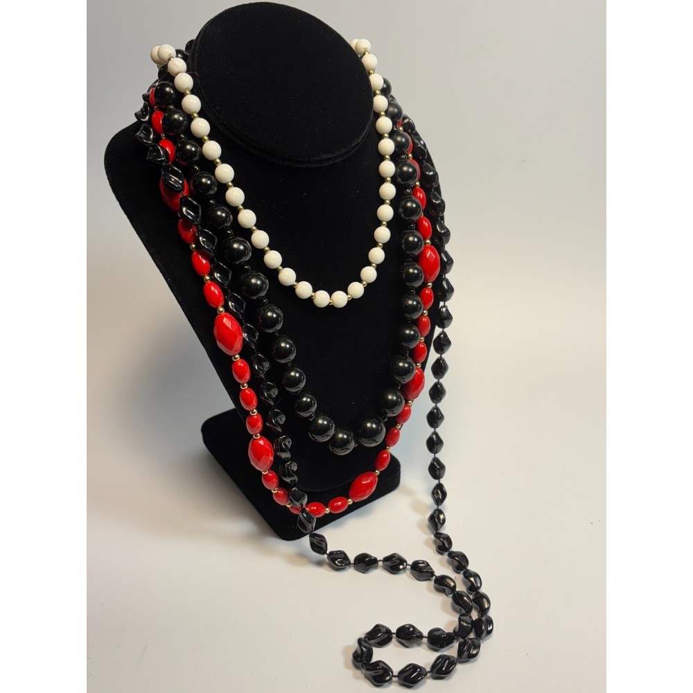 Necklace Lot Sarah Coventry And Others Red Black White Vintage Acrylic Long