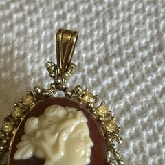 Cameo Pendant/brooch On Orange Background With Stones On Goldstone Setting