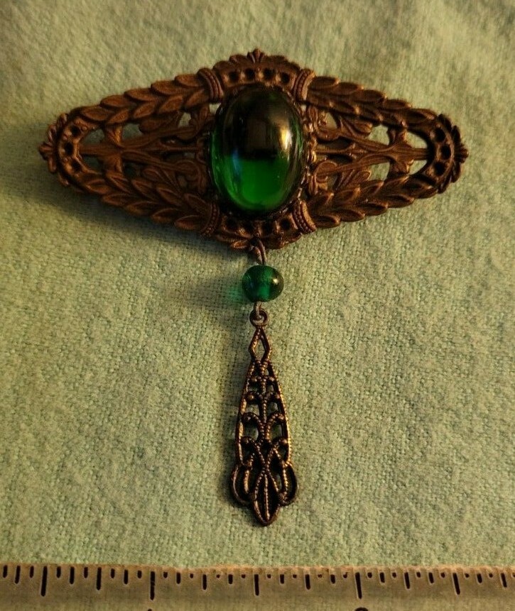 Gold tone Filigree Pin Brooch With Green Stone & Dangle