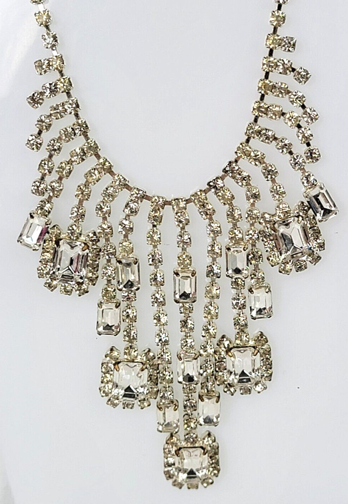 Silver Tone Clear Crystal Waterfall Tennis Necklace 15.5 Inch Adjustable