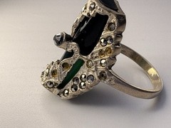 Vintage Onyx Jade Marcasite Art Deco Sterling Silver Ring Size 5.25 5.52 Grams