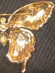 Butterfly Brooch 2 Inches Wide Gold Tone Metal ORANGE YELLOW BLUE GREEN IN WINGS