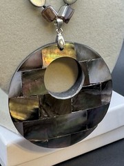 Vintage Mother Of Pearl & Abalone Coin Necklace With Large Shell Pendant