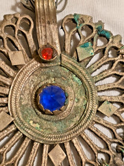 Vintage Kuchi Afghan Sunburst Pendant Necklace Brass Tribal Blue Red Glass Boho
