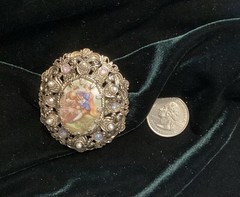 Vintage Porcelain Filigree Courting Couple Art Brooch and Earrings Set
