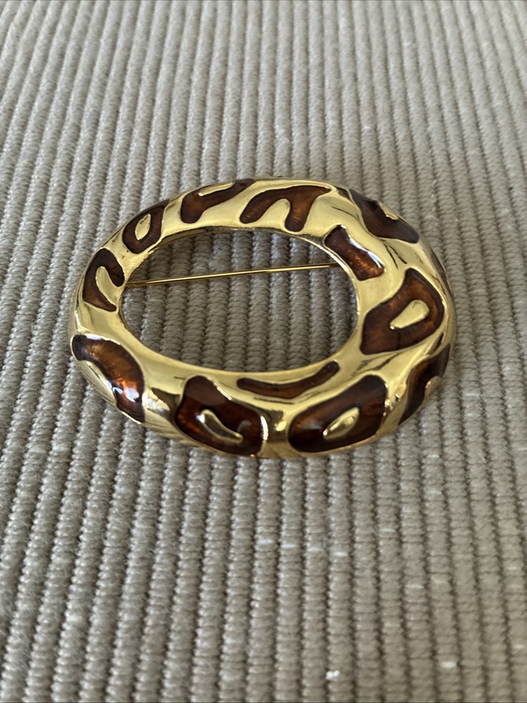 Vintage Jackie Collins Animal Print Enamel Gold Tone Brooch