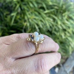 Vintage 14kt yg 3 5.7mm pearls, diamonds & marquise sapphire cluster ring GVT1-L