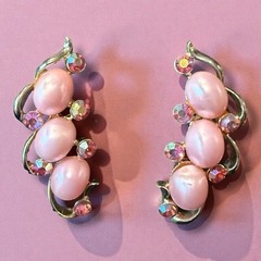 Pink Clip On Climber Earrings Signed STAR Pearl Rhinestone Vintage