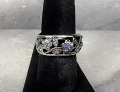 Lia Sophia Garden Party Silver Tone Blue AB Rhinestone Flower Ring Size 7.5