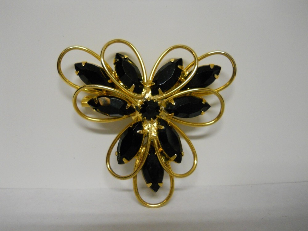 Vintage Gold-Tone & Black Cut Glass Rhinestones Brooch Lapel Pin Jewelry #595