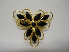 Vintage Gold-Tone & Black Cut Glass Rhinestones Brooch Lapel Pin Jewelry #595