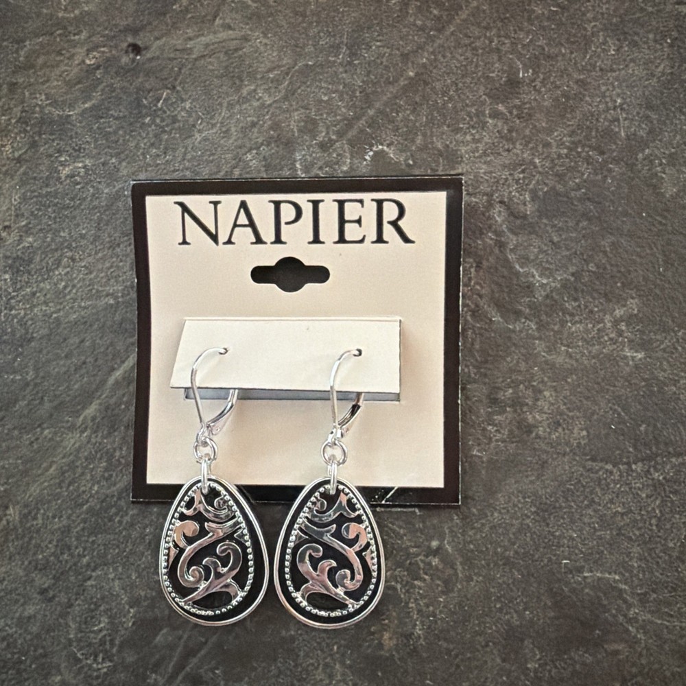 Napier Silver Tone Teardrop Filigree Drop Dangle Earrings Black Enamel Pierced N