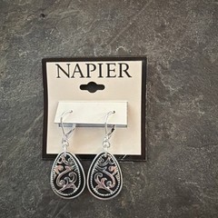 Napier Silver Tone Teardrop Filigree Drop Dangle Earrings Black Enamel Pierced N