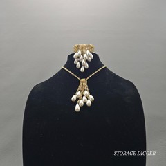 Vintage Clear Rhinestones and Faux Pearls Dangle Tassel Necklace & Bracelet Set