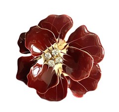 ENAMELED FLOWER PENDANT/BROOCH! Ravishing Burgundy Red & Clear Crystal Stones.