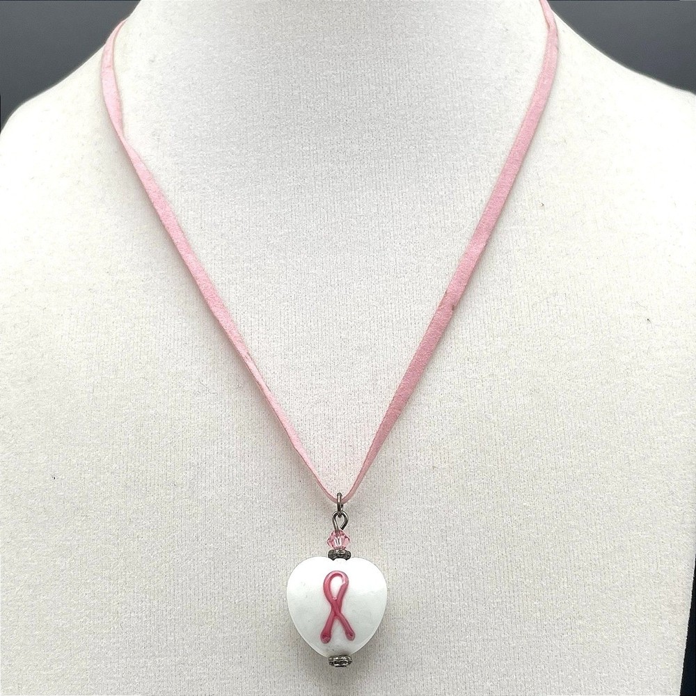 Vinatge Pink Ribbon Porcelain Heart Pendant Necklace Suede Cord Toggle