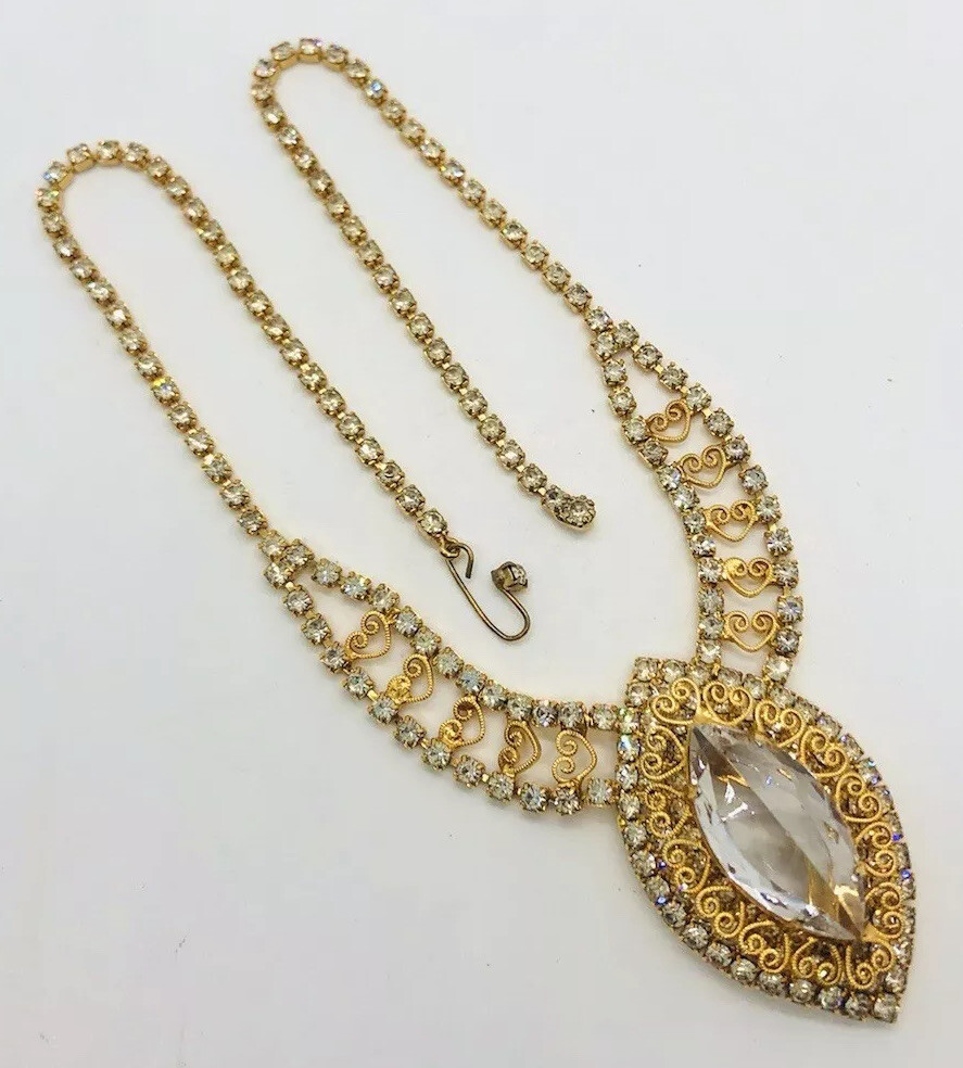 JULIANA Delizza And Elster Rhinestone Necklace Filigree Hearts Vintage Jewelry