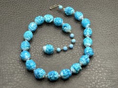 Vintage West Germany Marbled Blue White Beaded Textured Bead Necklace Choker