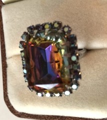 Vintage Aurora Borealis Rhinestone Adjustable Statement Ring Size 6-Plus