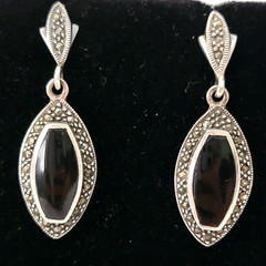 Vintage Black Onyx Marcasite 925 Sterling Silver Marquise Shape Dangle Earrings