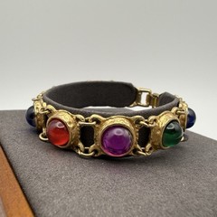 Vintage Rainbow Lucite Cabochon Gold Tone Link Bracelet Brutalist Modernist 7.5″