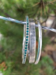 3 Vintage BEAU & MEXICO Sterling Silver 925 Bangle Bracelet Lot Teal Rhinestones