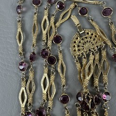 Vintage Necklace Gold Tone Multi Strand Purple Rhinestone Statement 25″