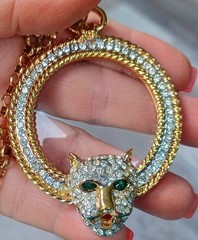 Vintage Jackie Collins Crystal Panther Magnifying Glass Pendant Chain Necklace