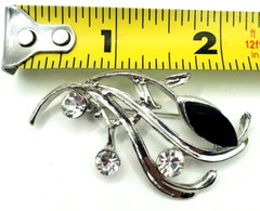 Vintage Silver Tone Crystals A Black Stone Sweeping Statement Pin Brooch 1980’s