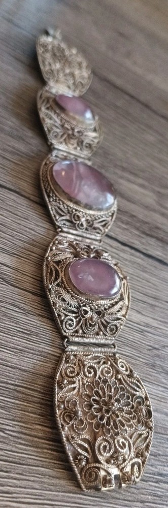 Antique Silvertone Filigree Amethyst Glass Stone 7″ Bracelet