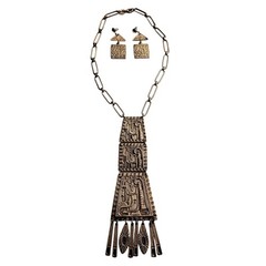 60s-70s Egyptian Revival Necklace & Earrings in Silver Tone Metal. Vintage Set.