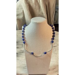 Modernist Blue Bead Necklace Silver Tone Curved Bar Sculptural Statement