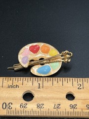 Vintage Artist Paint Palette w Brushes Enamel Gold Tone Pin Brooch Artsy Jewelry
