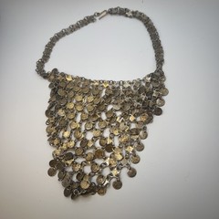 VTG ESTATE BOHO TRIBAL BIB STYLE HAMMERED BRASS COIN COLLAR NECKLACE BELLY DANCE