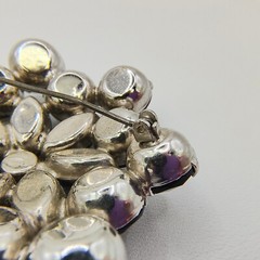 Vintage Black Glass Rhinestone Flower Brooch Pin Silver Tone Art Deco Style