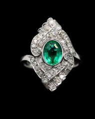 Navette Cocktail Art Deco Ring 2.2 Ct Lab Created Emerald 14k White Gold Plated