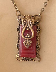 Vintage Necklace Art Deco Revival Filigree Pendant Red Carnelian Czech Glass