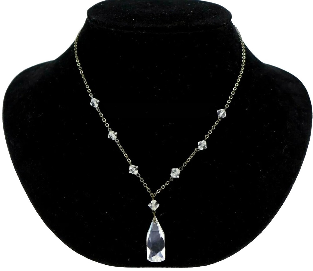 Vintage Crystal Necklace Snap Closure 15″ Silver Plated Estate