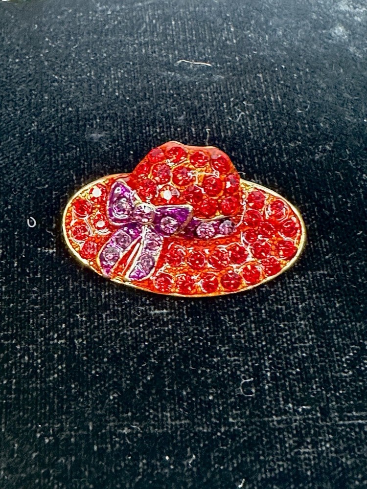 Vintage Red Rhinestone Red Hat Society Brooch Pin Purple Bow