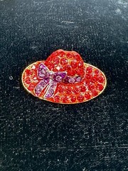 Vintage Red Rhinestone Red Hat Society Brooch Pin Purple Bow