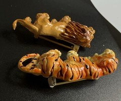 Lind Gal Lion & Tiger Brooches Lot Of 2 Orange Stripes Enamel Figural Pins Vtg