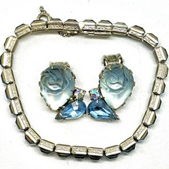 Vtg Light Blue Sapphire Pressed Glass Rose Earrings & Square Stone Bracelet 7″