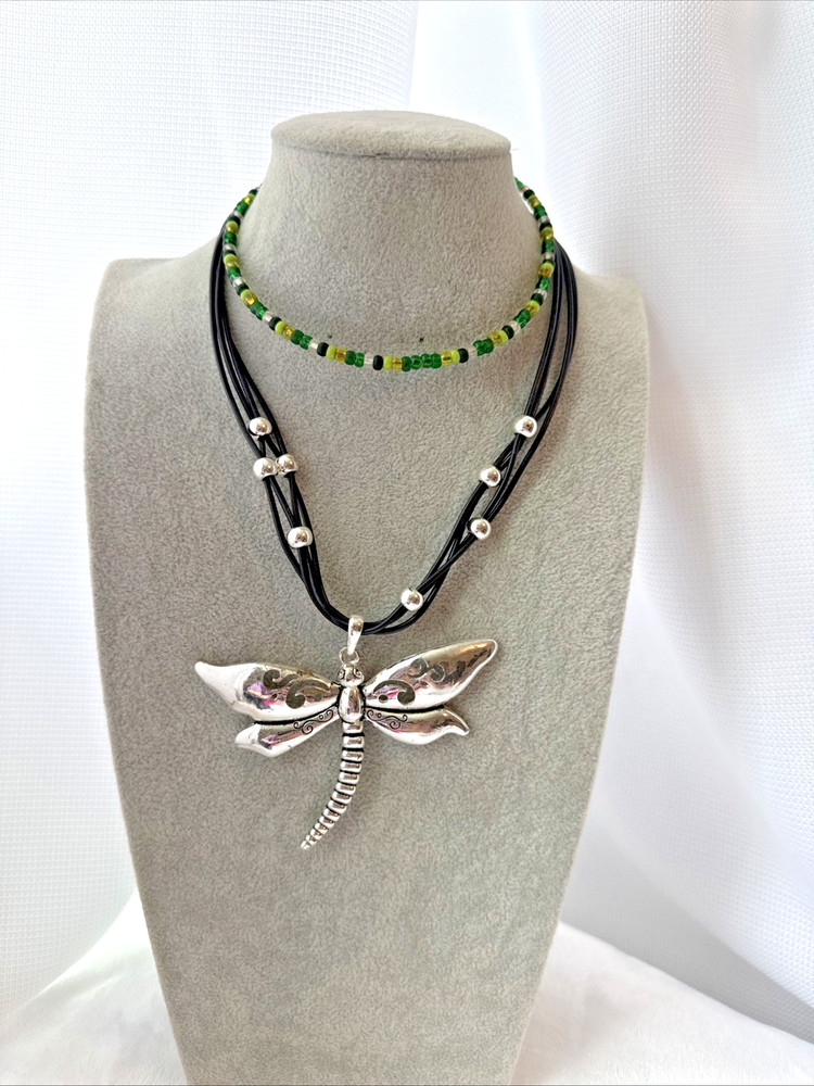 2 Necklaces LOT Girly dragonfly Y2K 1990s 2000s Silver green Jewelry costume