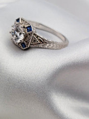 Vintage BBJ Sterling 1.00ct Round Crystal 4 Blue Sapphire Art Deco ring Sz9 4gr